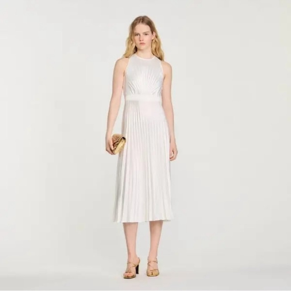 Sandro satin White Pleated Midi Dress